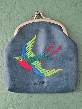 Lavishy Blue Embroidered Sugar Skull Swallow Kiss Lock Coin Purse